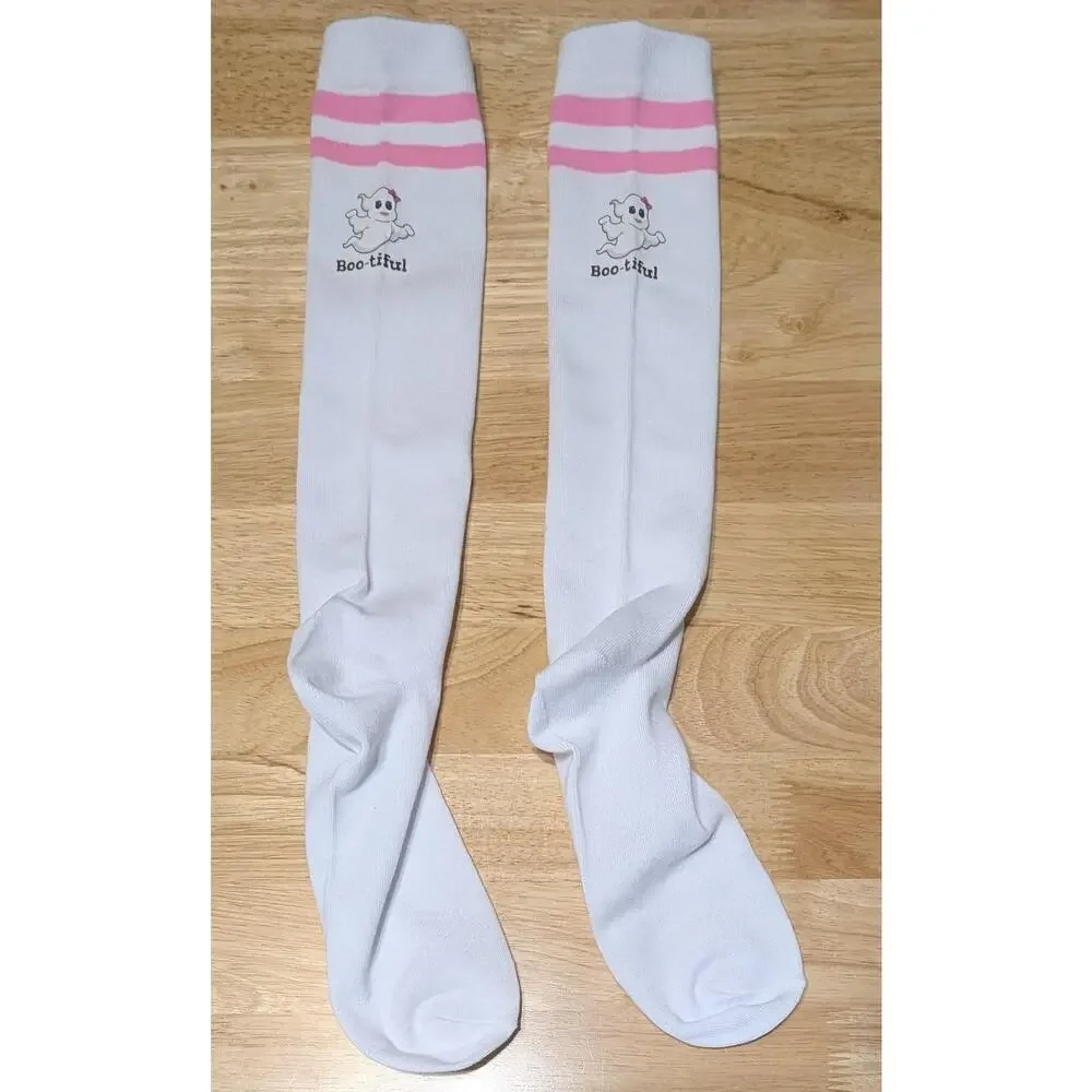 Womens Socks One Size White & Pink Knee High Boo-tiful Ghost Halloween